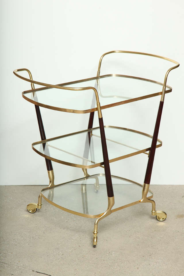 Mid-Century Modern Mid-Century Italian Brass and Walnut Three Tier Bar Cart