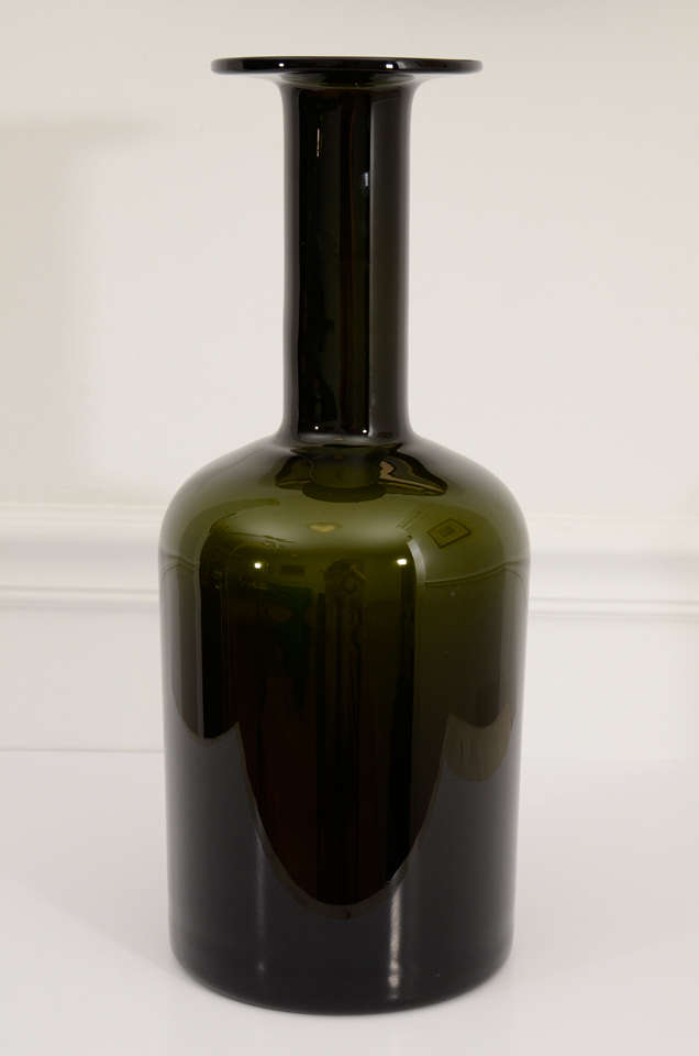 Large Danish bottle vase in smoky green glass. By Otto Brauer for Holmegaard.