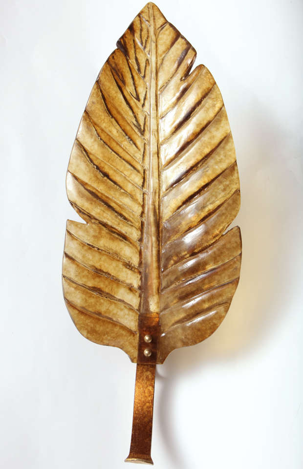 Tall Leaf Form Amber Lucite and Gilded metal Sconces