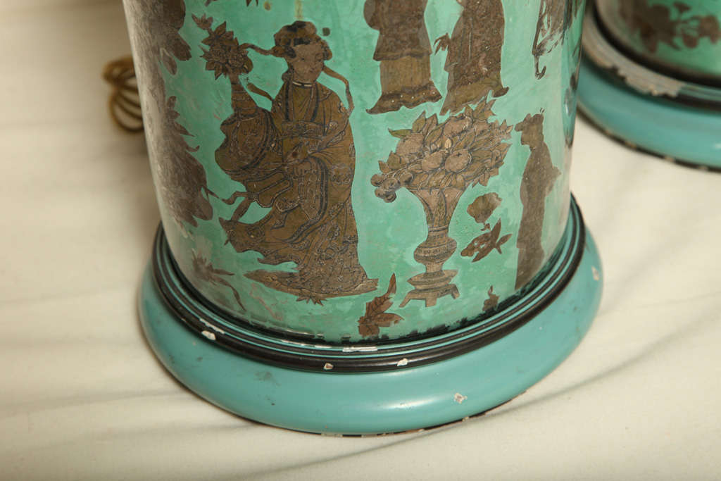 19th Century Pair of Chinese export reverse painting on glass vases made to lamp