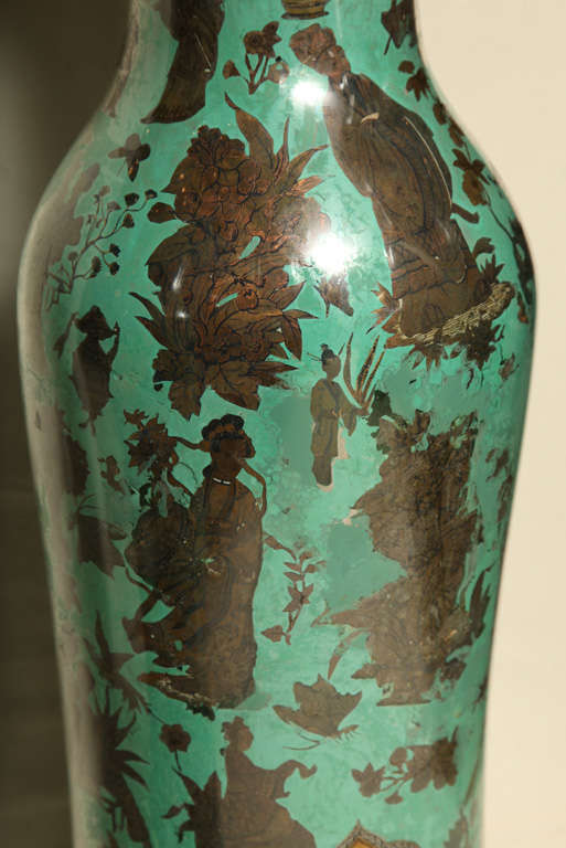 Pair of Chinese export reverse painting on glass vases made to lamp 4