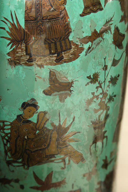 Pair of Chinese export reverse painting on glass vases made to lamp 5