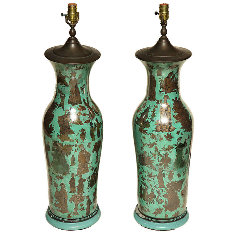 Pair of Chinese export reverse painting on glass vases made to lamp