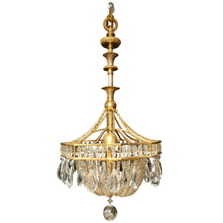 Very Large Bronze and Crystal Chandelier Attributed to Caldwell For Sale
