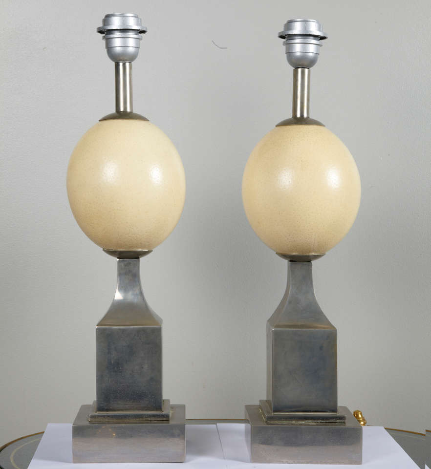 Fine pair of ostrich egg lamps with steel base. In style of David Hicks production. Very decorative. New electricity.