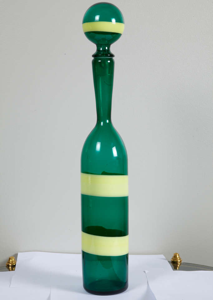 Bottle in glass , green and yellow.
Design by Fulvio Bianconi for Venini.
Acid stamped 'Venini Italy Murano'