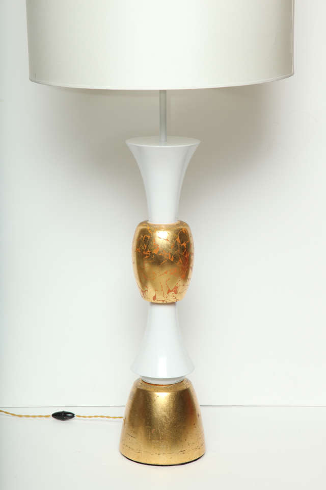 Hollywood Regency Monumental White & Gold Leaf Table Lamp For Sale