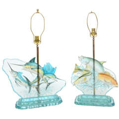 Pair of etched glass lamps