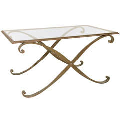Maison Ramsay Gilt Iron X-Form Scroll Coffee Table with Glass Top, France, 1940s