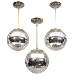 Nickel Pendant Fixture with Spherical Shade and Mercury Stripe Detail
