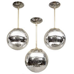 Retro Nickel Pendant Fixture with Spherical Shade and Mercury Stripe Detail