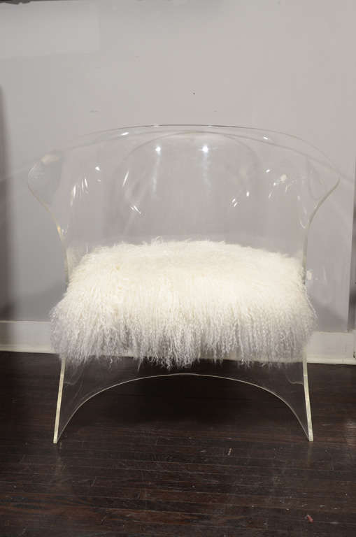 American 1970's Lucite Chair Upholstered in Mongolian Lamb