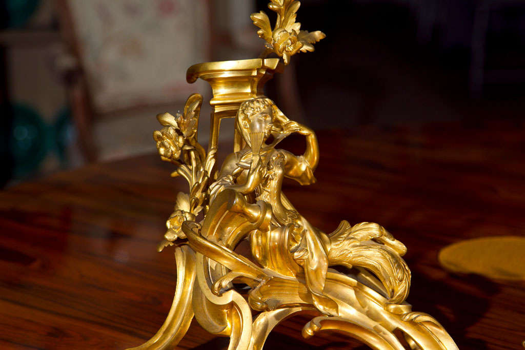 French Pair of Ormolu Bronze Louis XV Chenets For Sale