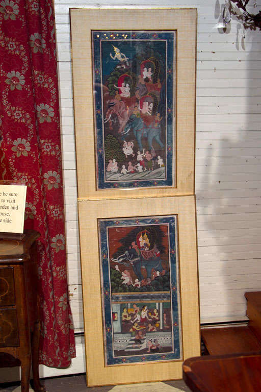 HAND PAINTED EROTICA ON CLOTH, ELEPHANTS, HUMAN FIGURES IN EROTIC POSES, FRAMED UNDER GLASS