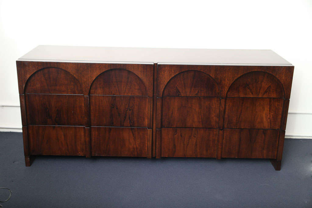 Robsjohn-Gibbings for Widdicomb 6-drawer dresser  in solid walnut.<br />
Arch detail, Widdicomb label.
