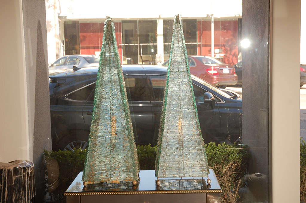 Metal Pyramid Frames with Ball Feet, Stacked Glass Exterior and Inner Single-Lite Light Fixture