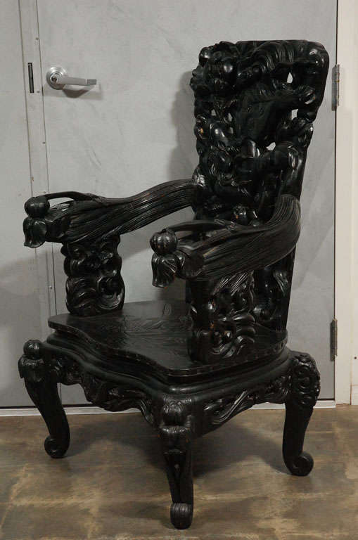 Antique Large Oriental Carved Arm Chair For Sale 2