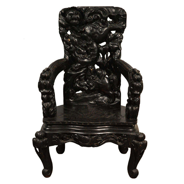 Antique Large Oriental Carved Arm Chair For Sale