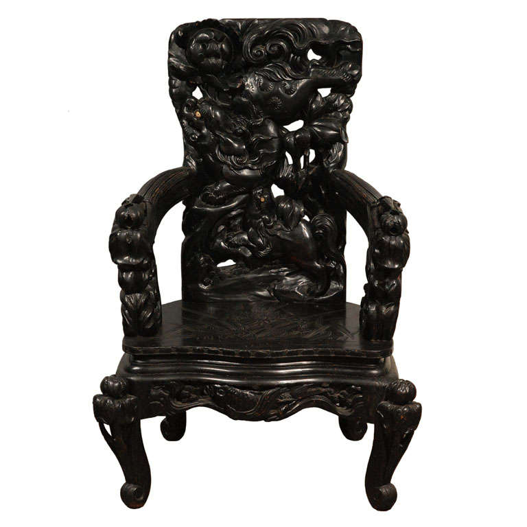 Antique Large Oriental Carved Arm Chair For Sale at 1stDibs