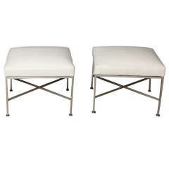 Brushed Metal & White Leather Stools by Paul McCobb