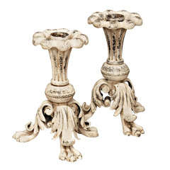 Pair of Italian Painted Iron 19th Century Candlesticks With Leaf Motifs