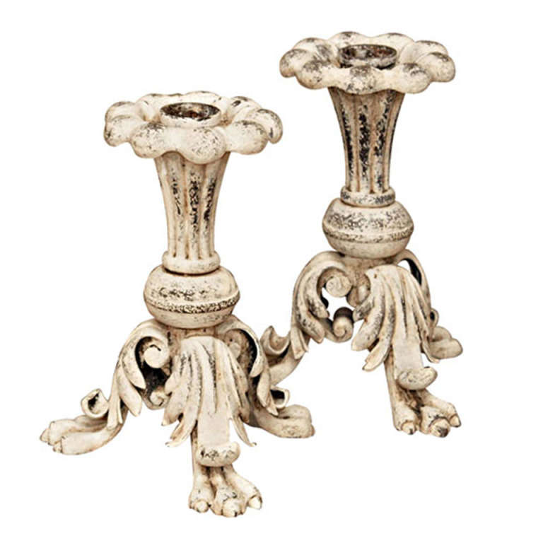 Pair of Italian Painted Iron 19th Century Candlesticks With Leaf Motifs For Sale