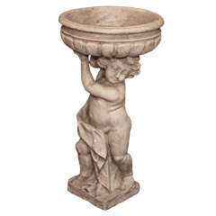 Antique C 1910 Italian Cast-Stone Planter Shaped as a Draped Putti Holding a Large Bowl 