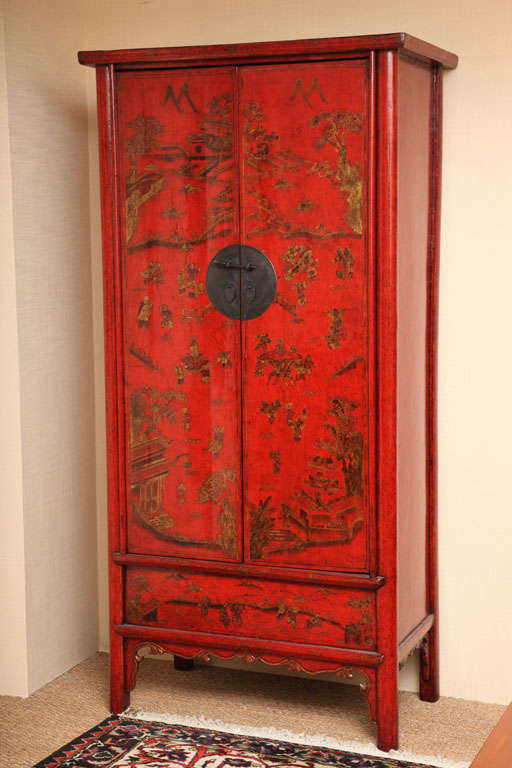 Pair of 19th C. Decorated Red Lacquered Chinese Cabinets
