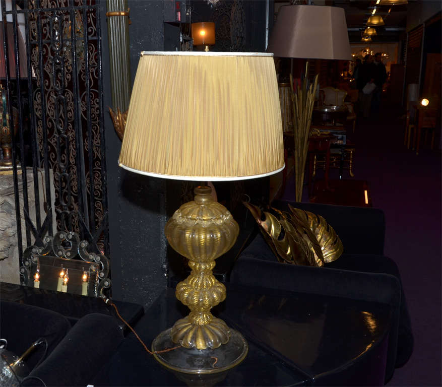 1950s Murano glass lamp by Barovier, with gold powder mixed into the glass paste.  New shade. Wired for European use.