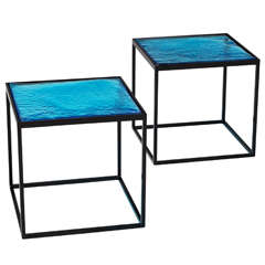 Multiple Blue Coloured Glass Side Tables with Metal "Box" Frame