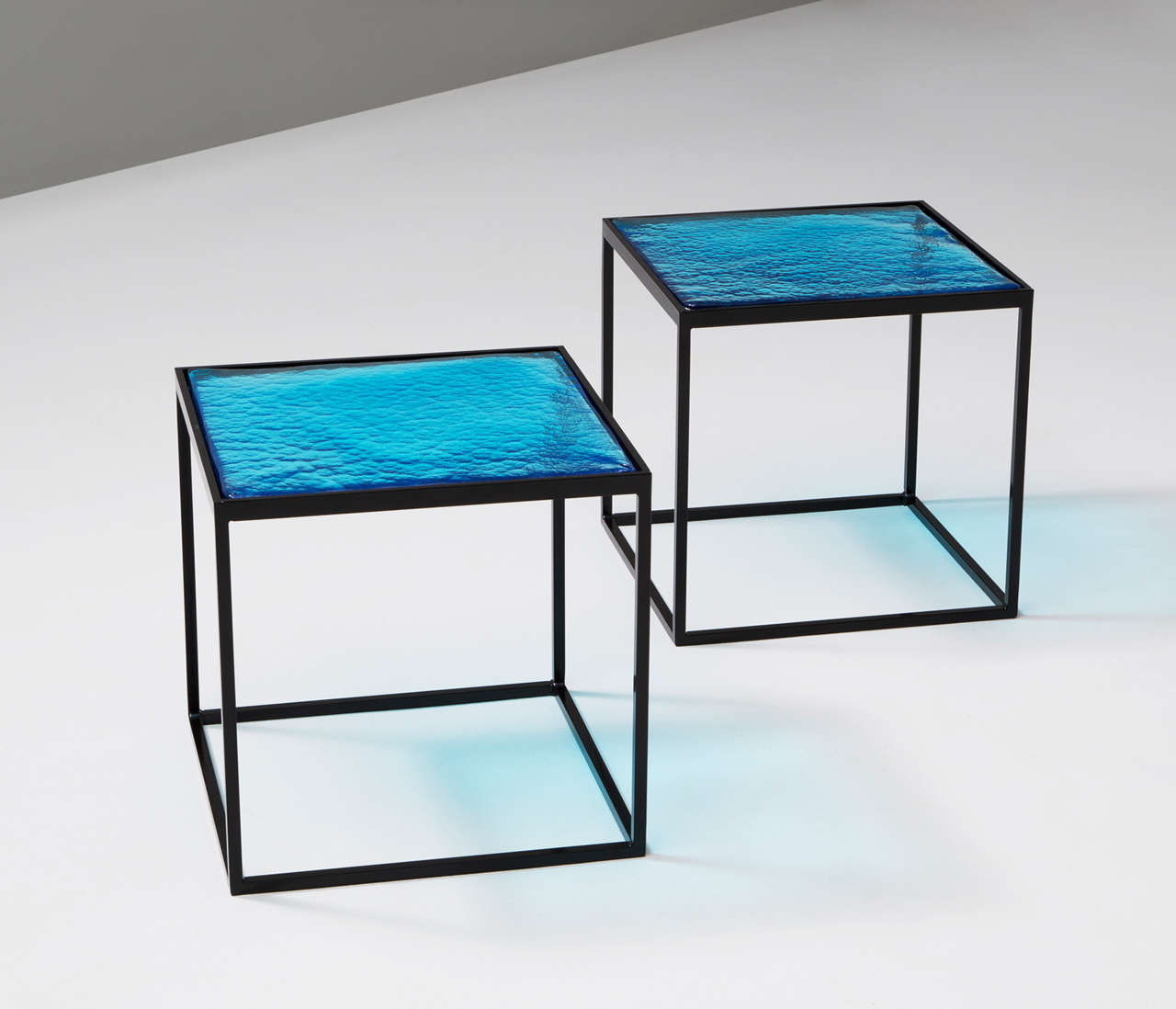 Multiple Blue Coloured Glass Side Tables with Metal "Box" Frame For Sale at 1stDibs metal box