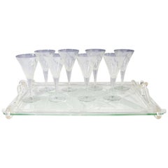 Midcentury Set of Eight Dorothy Thorpe Glass Trumpet Goblets and Serving Tray
