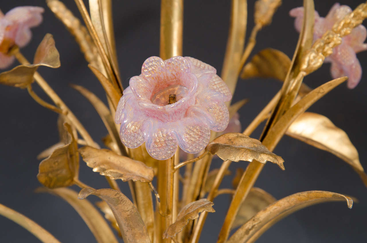 Italian Midcentury Pair of Murano Glass Table Lamps with Pink Flowers