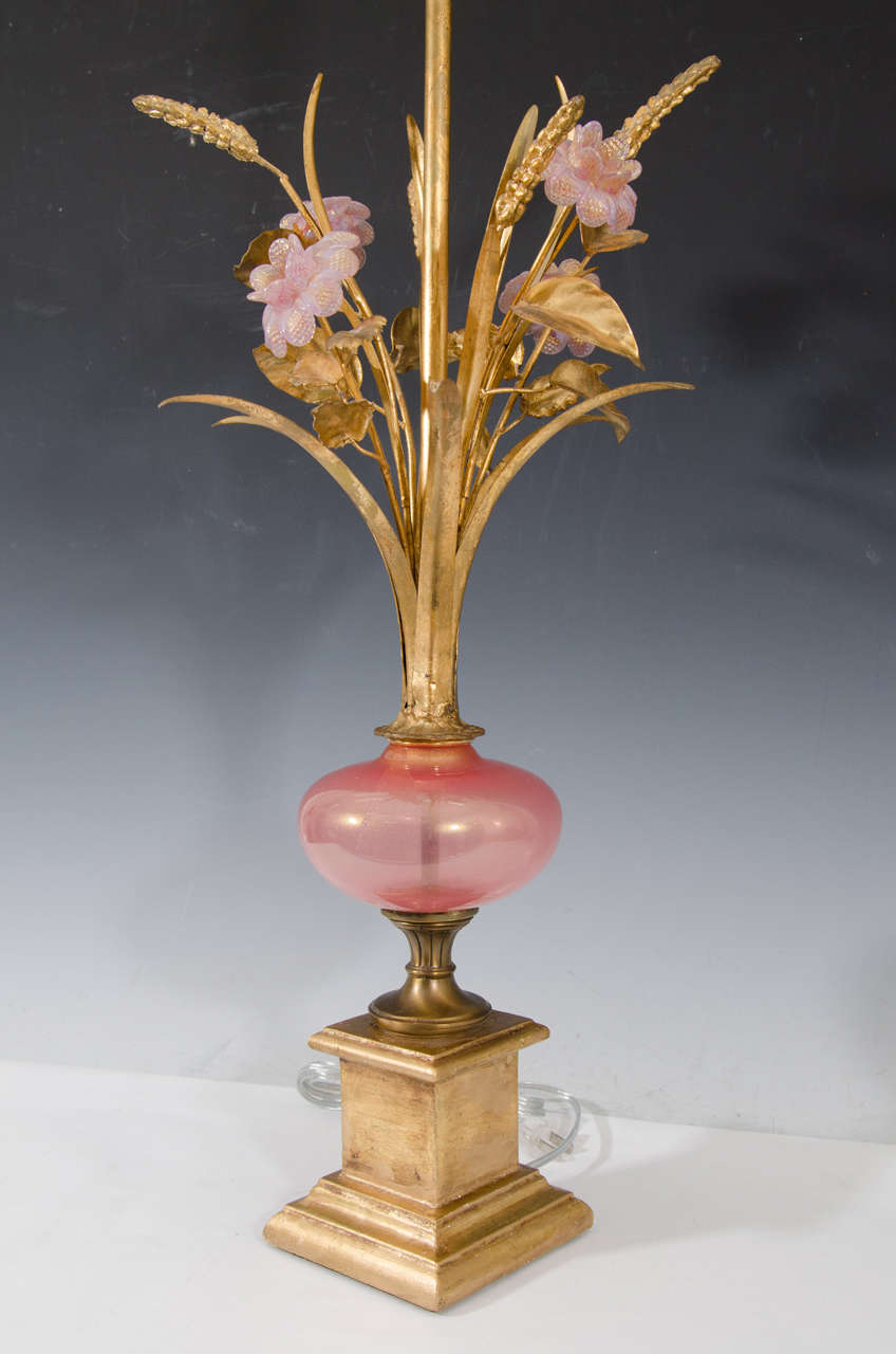 Midcentury Pair of Murano Glass Table Lamps with Pink Flowers 1