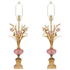 Midcentury Pair of Murano Glass Table Lamps with Pink Flowers