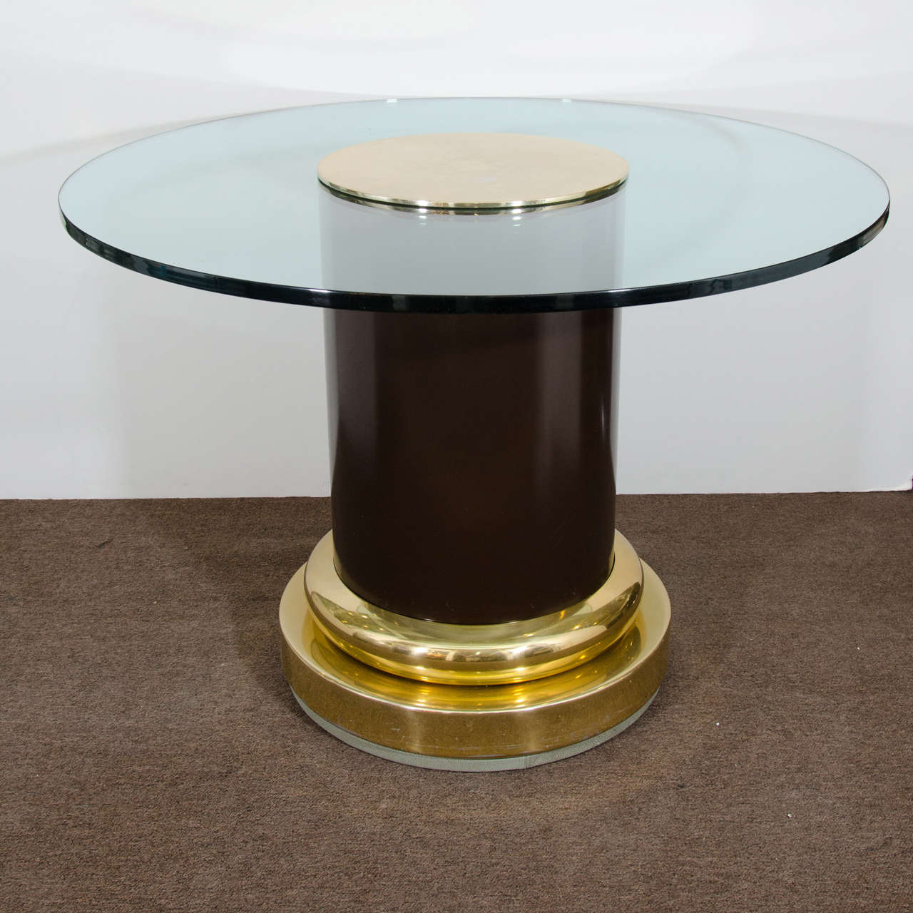 Midcentury Glass Top Table with Cylindrical Column and Brass Pedestal Base