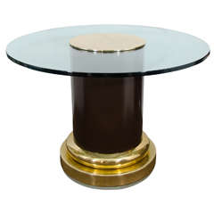 Midcentury Glass Top Table with Cylindrical Column and Brass Pedestal Base