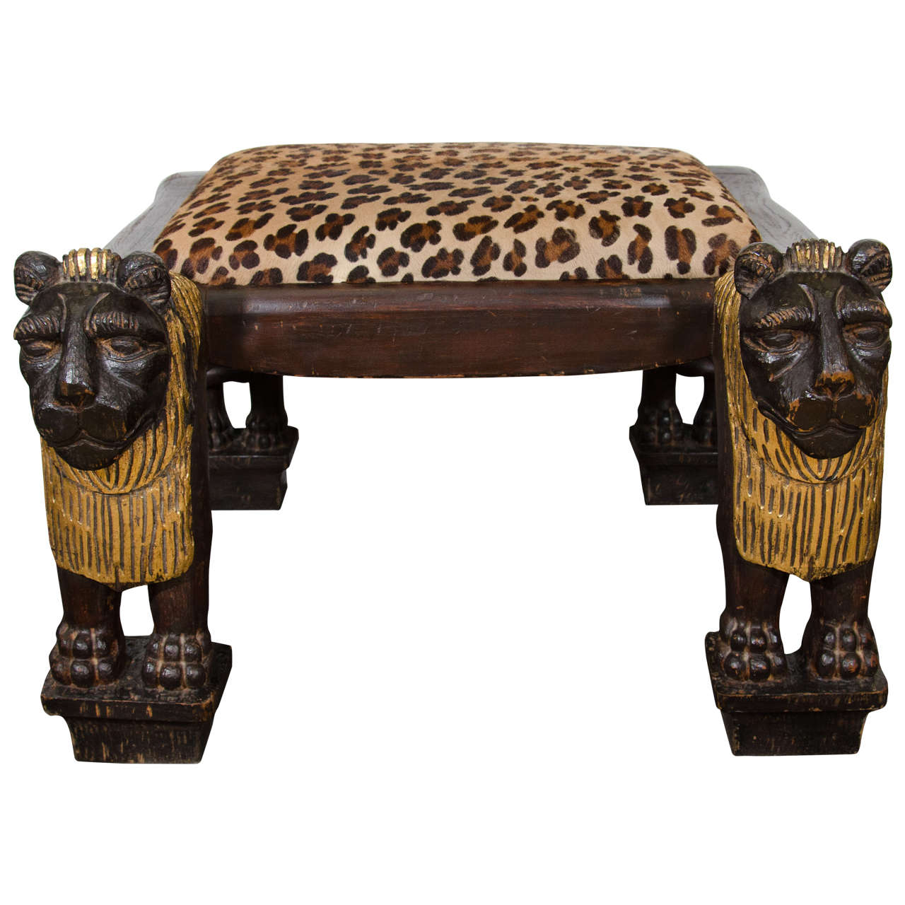 Egyptian Revival Style, Highly Decorative, Carved Wood Lion Bench