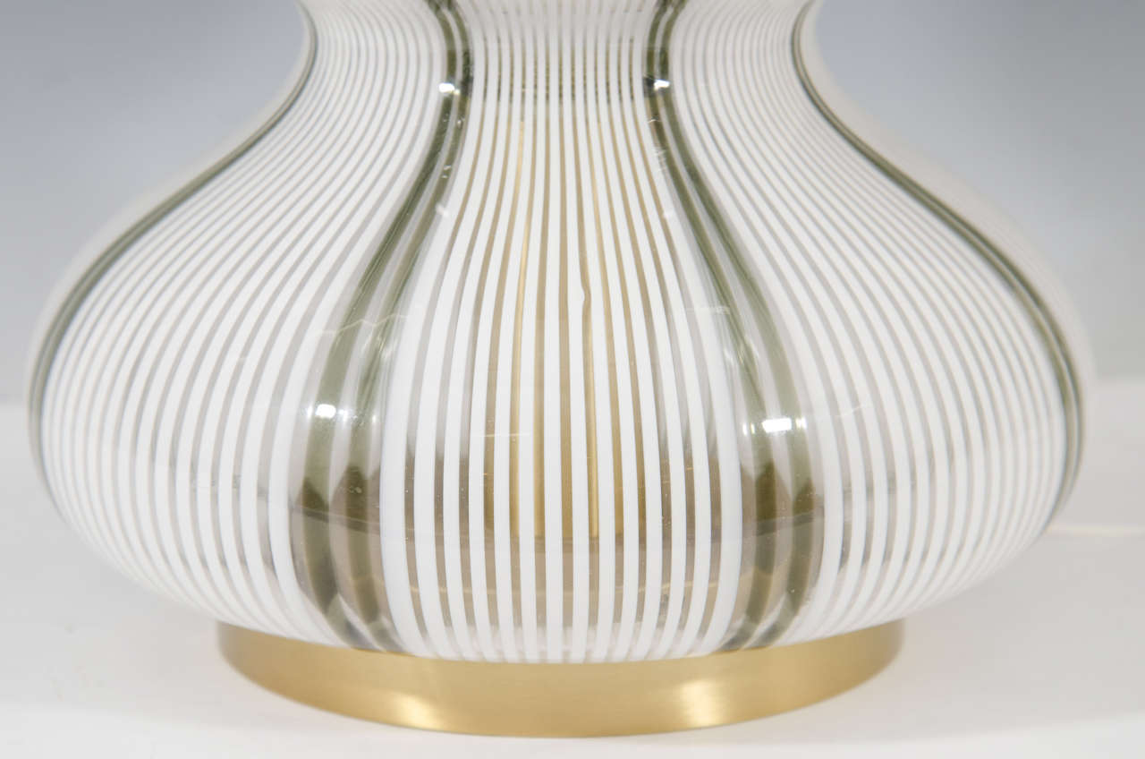 Mid-Century Modern A Midcentury Pair of White Murano Glass Striped Table Lamps