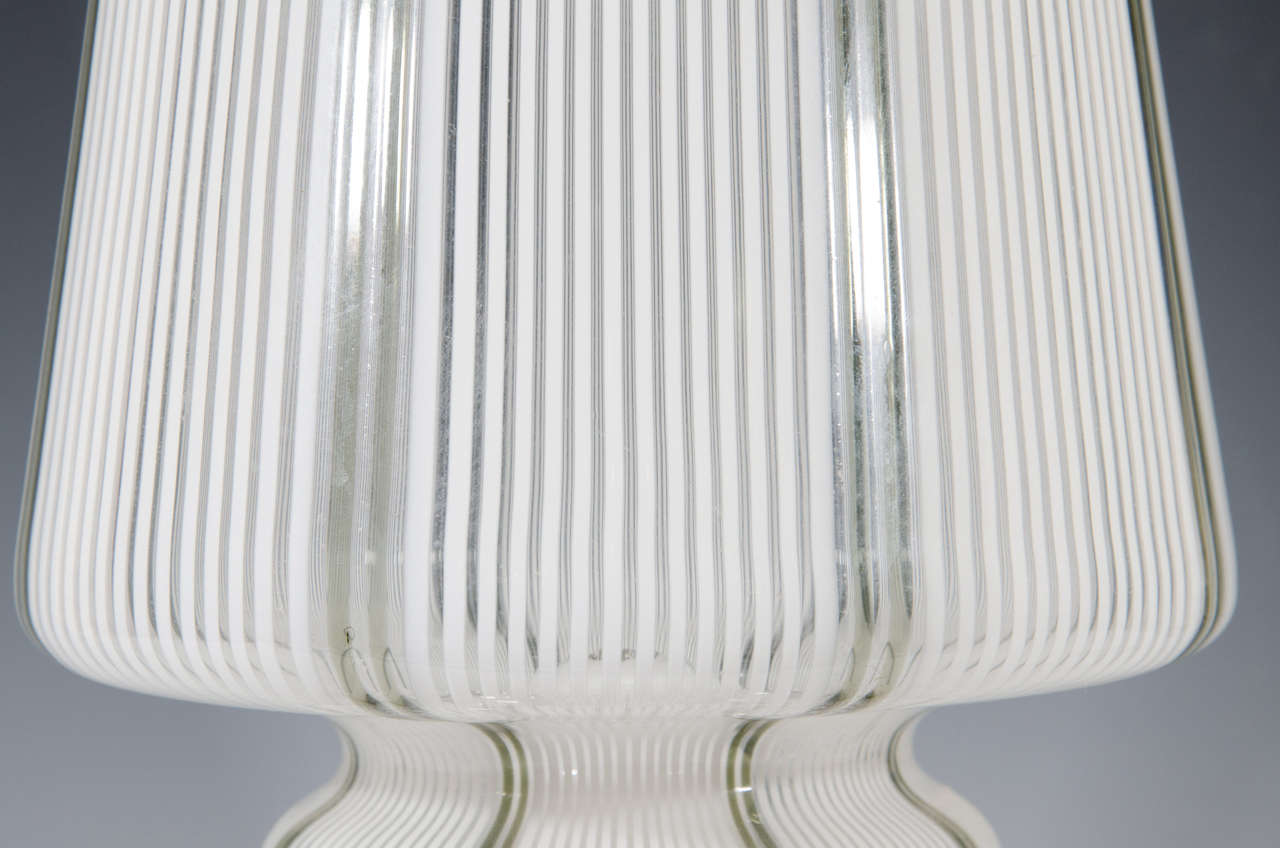 Italian A Midcentury Pair of White Murano Glass Striped Table Lamps