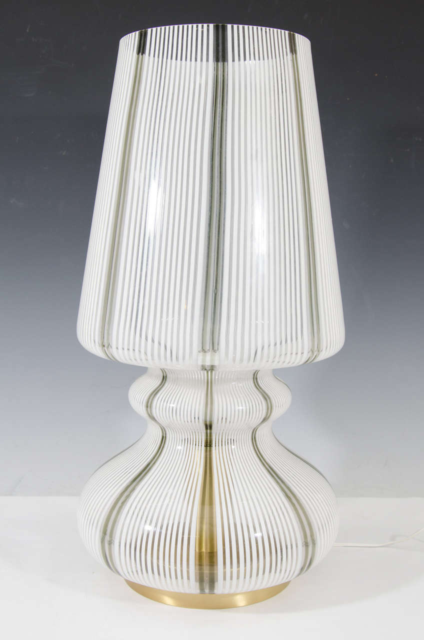 20th Century A Midcentury Pair of White Murano Glass Striped Table Lamps