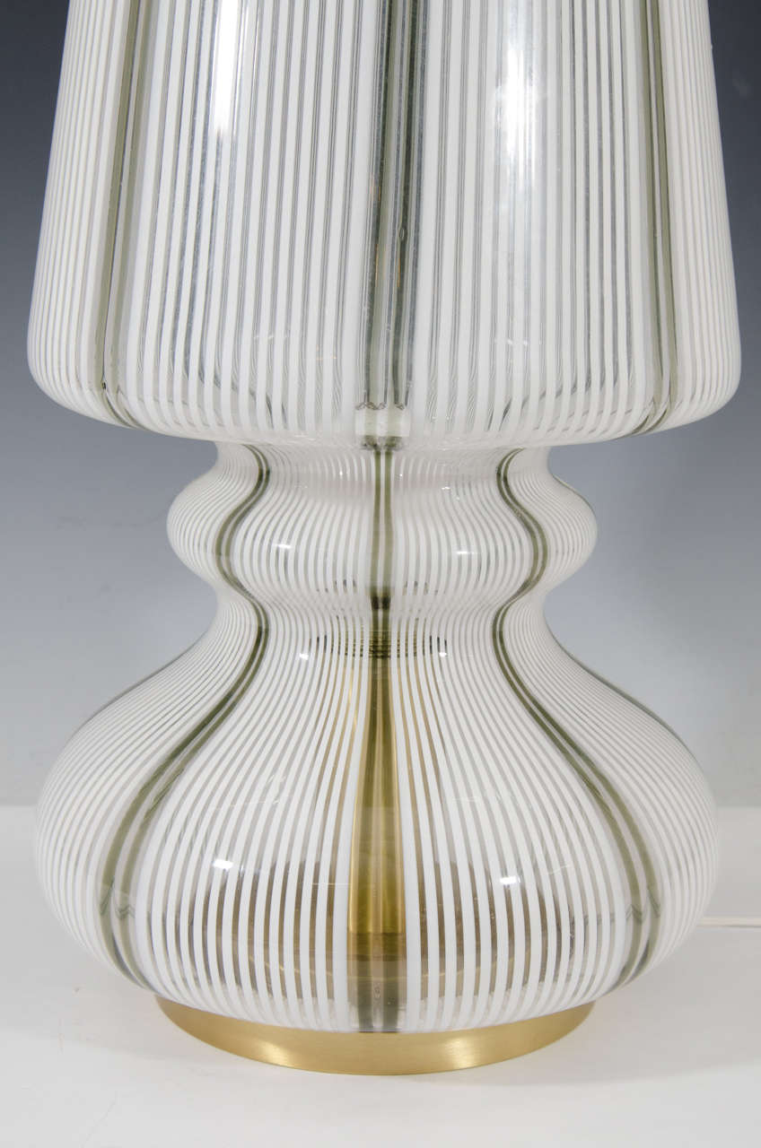 Brass A Midcentury Pair of White Murano Glass Striped Table Lamps