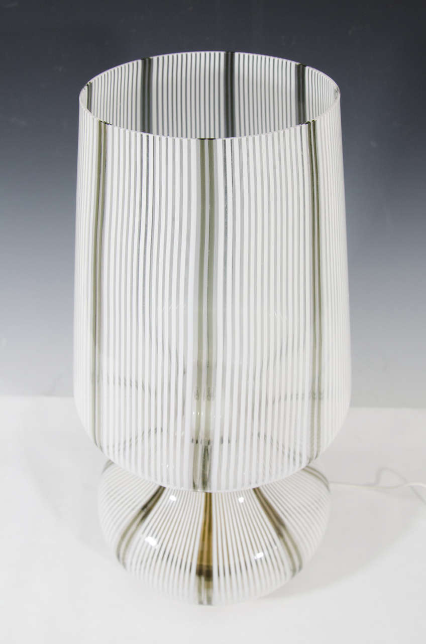 A Midcentury Pair of White Murano Glass Striped Table Lamps 1