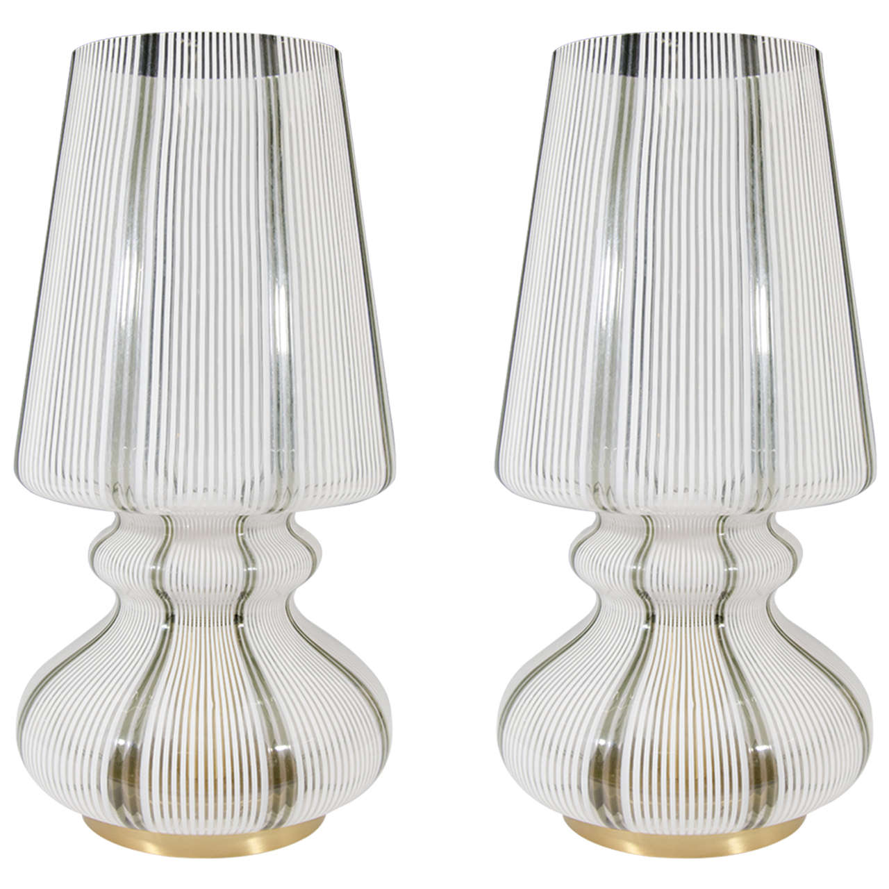 A Midcentury Pair of White Murano Glass Striped Table Lamps