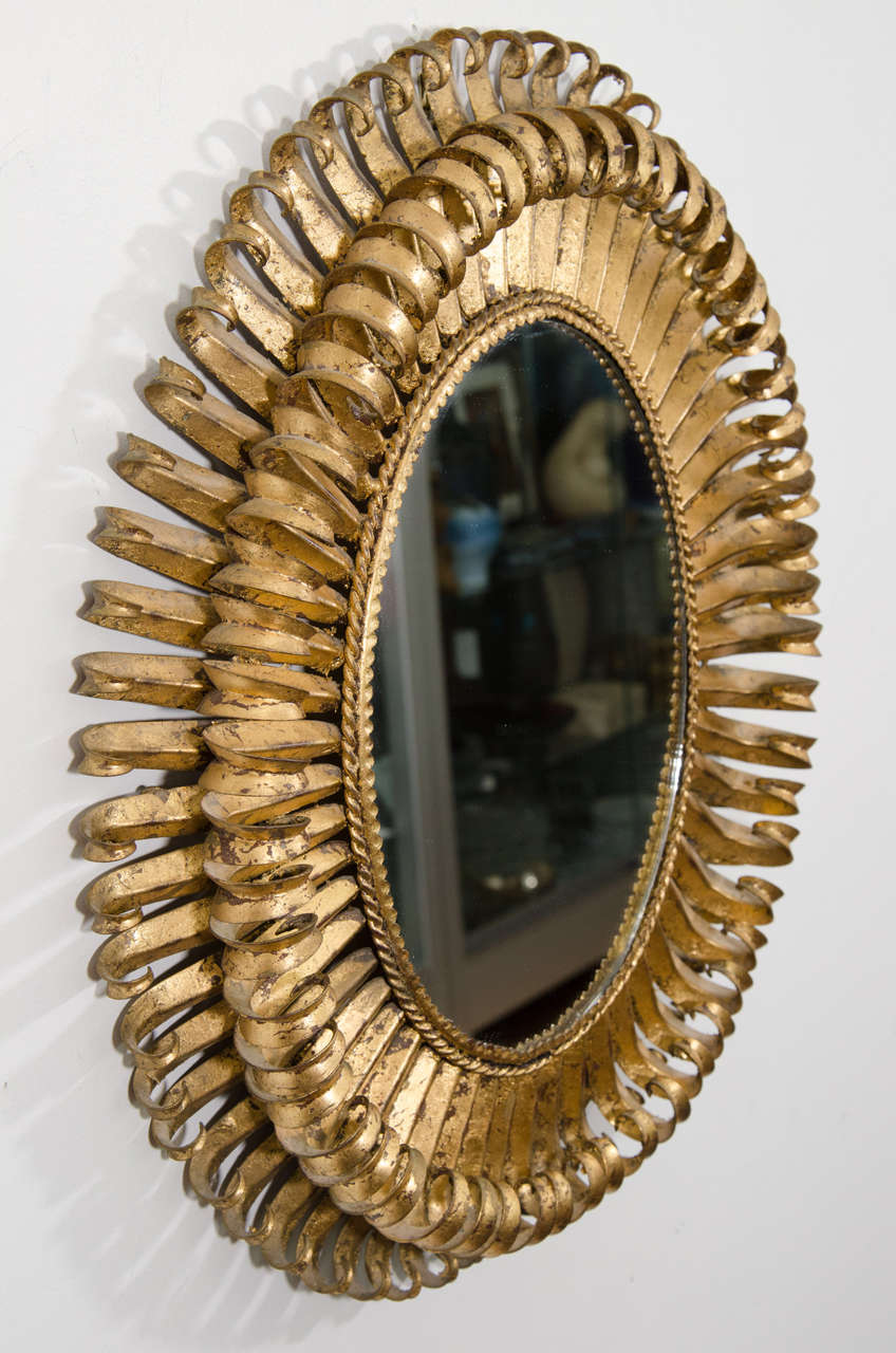 Hollywood Regency Style Oval Gilt Metal Wall Mirror In Good Condition In New York, NY