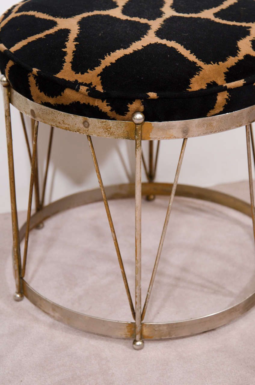 Mid-Century Modern Midcentury Drum Style Stool with Animal Print Upholstery