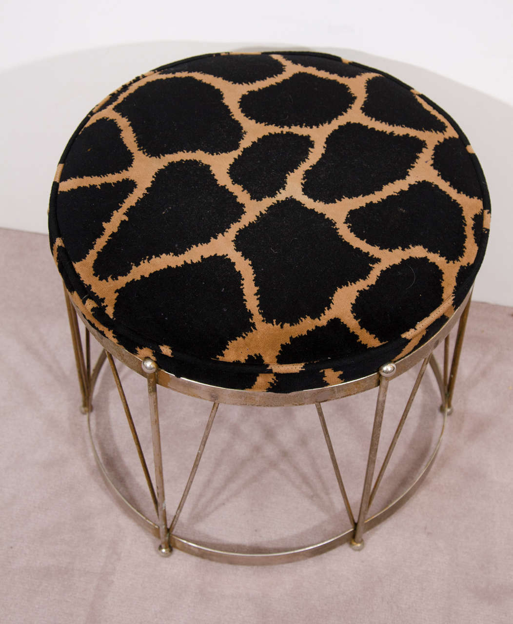 Plated Midcentury Drum Style Stool with Animal Print Upholstery
