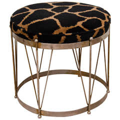 Midcentury Drum Style Stool with Animal Print Upholstery