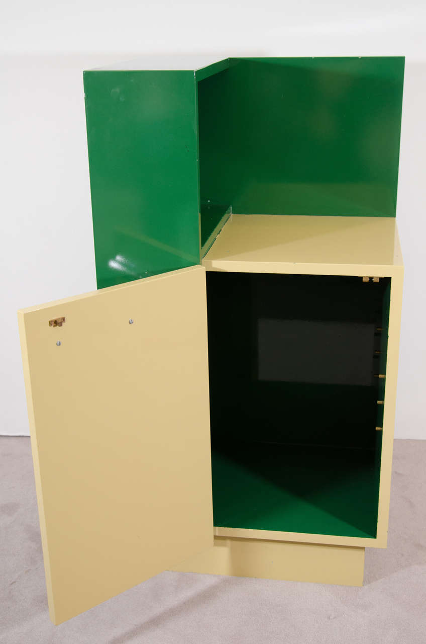  Amazing Paul Frankl Art Deco Skyscraper Side Cabinet in Deep Green & Yellow  In Excellent Condition For Sale In Mount Penn, PA