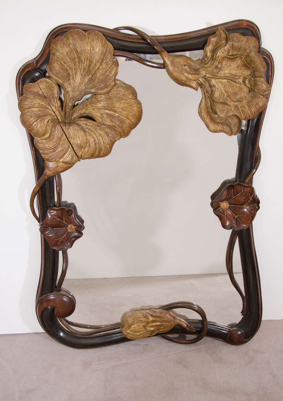 Superb Art Nouveau French Carved & Gilded Wood Wall Mirror with Sensuous Flower